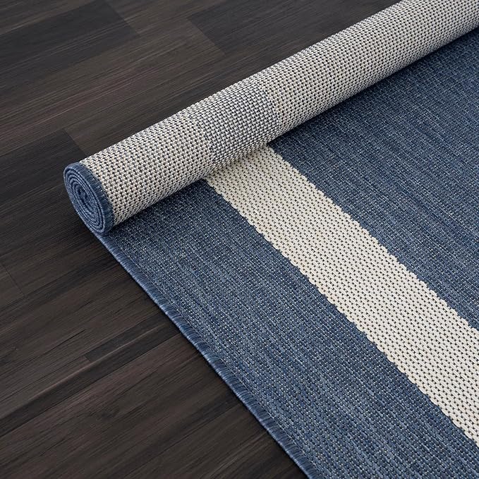 CAMILSON Outdoor Rug 9x12, Large Modern Outside Rugs for Patios Porches Waterproof Durable Washable Non-Shedding, Easy-to-Clean Indoor Outdoor Area Carpet (9 x 12, Bordered - Blue/White)