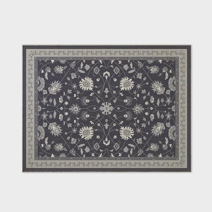 EVERGRACE Area Rugs for Living Room 9x12, Boho Floral Faux Wool Indoor Outdoor Rugs, Washable Rugs for Bedroom Dining Room Entryway Kitchen, Low Pile Floor Mat Carpet for Home Decor, Ebony Black