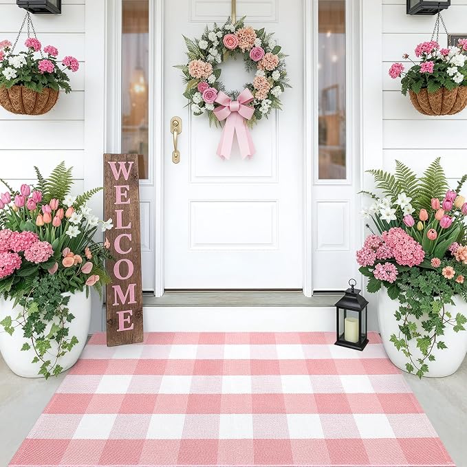 OLANLY Buffalo Plaid Rug 3' x 5' – Pink and White Cotton Checkered Doormat, Washable Indoor Outdoor Rug for Layered Front Porch, Kitchen, Entryway Decor