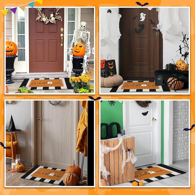 2 Pcs Outdoor Door Mat Combo Set Layered Outdoor Rug and Coir Welcome Doormat Non Slip Outside Floor Mat for Front Porch Entryway Patio Yard Decor(Halloween,24'' X 35'',24'' X 16'')