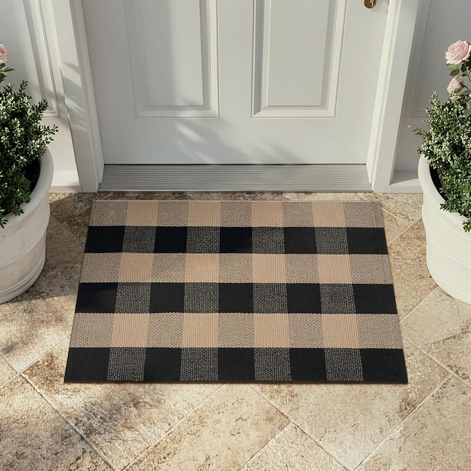 OJIA Buffalo Plaid Rug 24"x36" Fall Front Door Mat Outdoor Rug Welcome Mats | Black Tan Washable Outdoor Porch Rug Welcome Mat Indoor Outdoor Doormat Outside Door Mats for Entrance Entry Farmhouse Decor