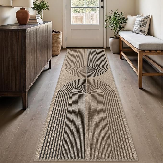 Rugalia Easy Jute Rainbow Runner Rug, 2.6x8 Washable Rugs Runner for Hallway Non-Slip Boho Farmhouse Kitchen Runner Rug, Modern Abstract Indoor Outdoor Carpet for Porch Laundry Entryway
