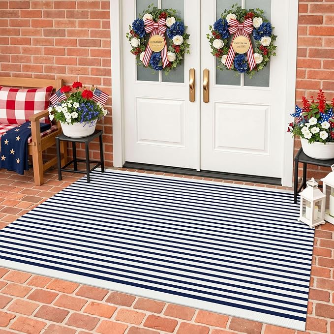 KILOCOCO Blue White Striped Rug 4x6 ft Front Door Mat Outdoor Washable Rug