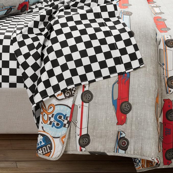 Lush Decor Race Car Kids' 7-Piece Oversized Quilt Bed Set, Reversible Bedding Set for Boys, Blue & Orange, Full/Queen