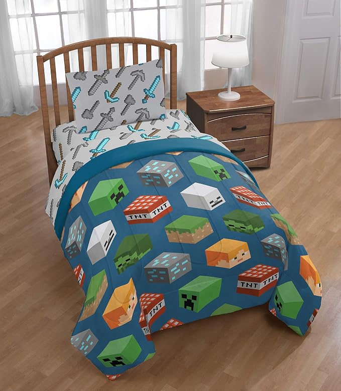Minecraft Creeper Twin Comforter Set 4 Piece Kids Bedding for Boys, Blue | Zombie Steve, Bed in a Bag, Comforter Sheets Pillowcase, Official Product, Soft Microfiber, Machine Washable, Boys Gift