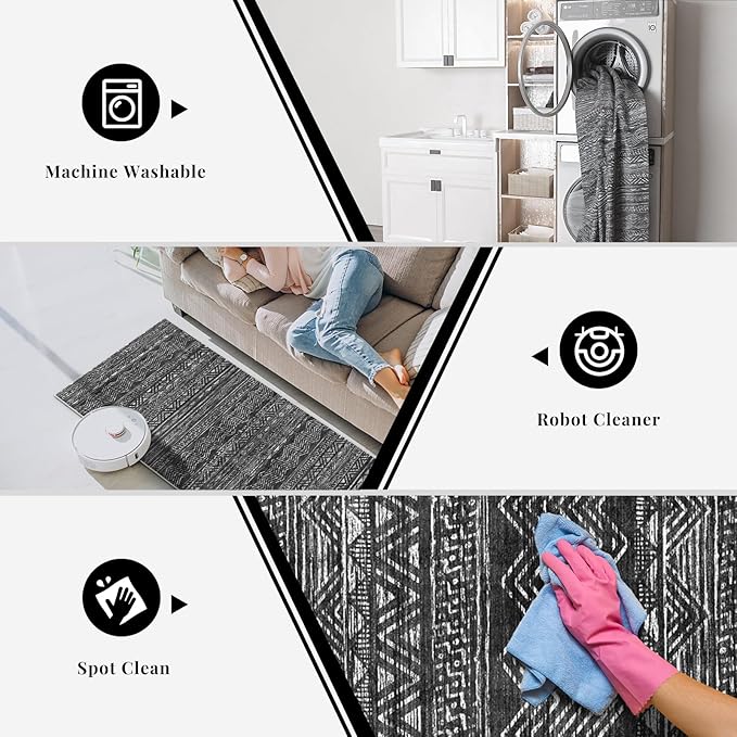 4x12 Washable Hallway Runner Rug：Moroccan Non-Slip Wide Runners for Entryway Kitchen Soft Modern Geometric Low-Pile Rugs for Living Room Thin Waterproof Carpet for Bedroom Bathroom Laundry(Black,4x12)