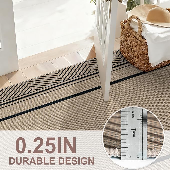 Capslpad 2x3 Faux Jute Indoor Mat,Washable Front Door Geometry Line Mat,Farmhouse Non-Slip Indoor Door Mat, Stain Resistant Low Pile Entryway Rug for Entryway, Kitchen, Bedroom, Laundry, Black