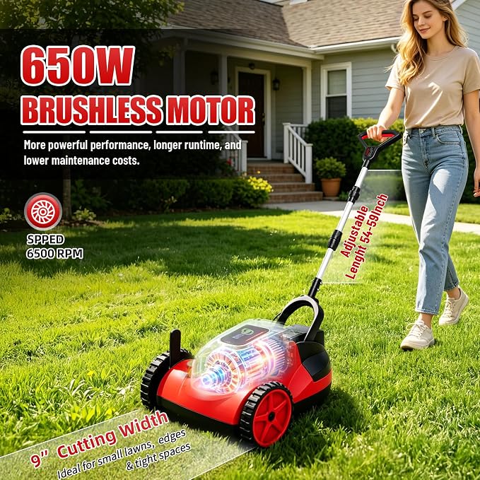 Mini Cordless Lawn Mower, 9 Inch Electric Grass Cutter, Red | Lightweight Push Mower with 2 x 21V 4.0Ah Batteries,Brushless Motor, Adjustable Cutting Heights for Small Yard & Garden