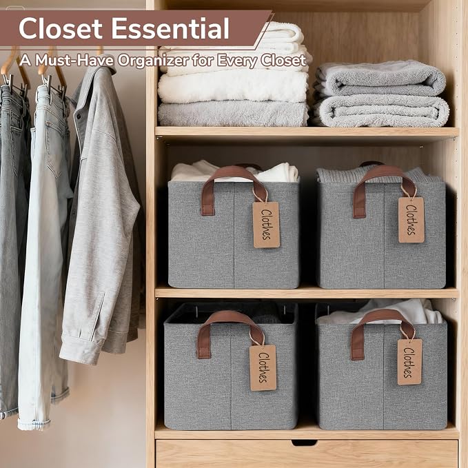 CHICVITA 4 Pack Foldable Fabric Storage Bins with Metal Frame, Gray | 14.8 × 10.3 × 8.3 in, Reinforced Handles, Closet & Shelf Organization, Toys, Blankets, Clothes & Linens Storage
