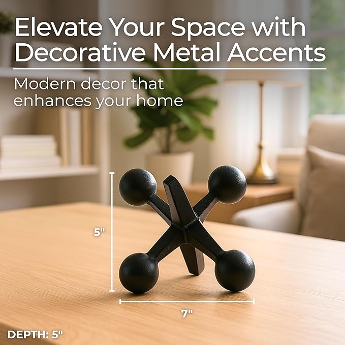 Black Metal Jacks Decorative Object – Abstract Sculpture Modern Home Decor Ornament – Shelf Styling & Coffee Table Decor for Bathroom, Office & Living Room – 7" x 5"