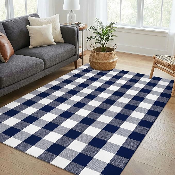 KOZYFLY Buffalo Plaid Area Rug 4x6 Ft Checkered Rug Washable Cotton Outdoor Rugs for Bedroom Blue and White Front Door Mat Carpet for Front Porch Living Room Dining Room Kitchen