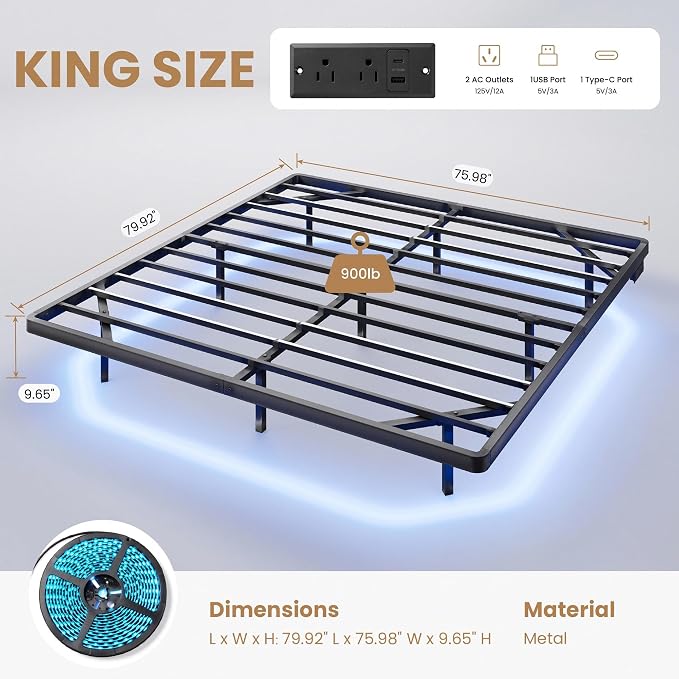 SHA CERLIN King Size Floating Bed Frame with Smart LED Lights, Black | Modern Design Metal Platform Bed with Power Strip, No Box Spring Needed, Noise-Free, Easy Assembly