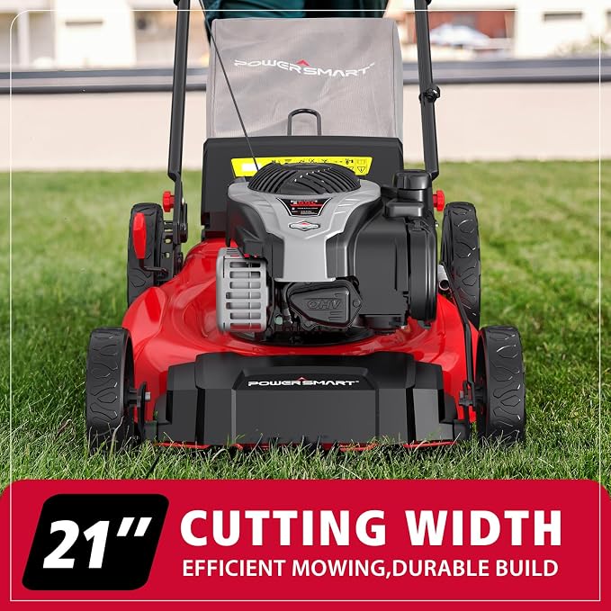 PowerSmart 21" Self-Propelled Gas Lawn Mower, 140cc Briggs & Stratton Engine, 3-in-1 Mulching/Bagging/Side Discharge, 6 Cutting Heights, Durable Steel Deck, Rear-Wheel Drive for Yard & Garden