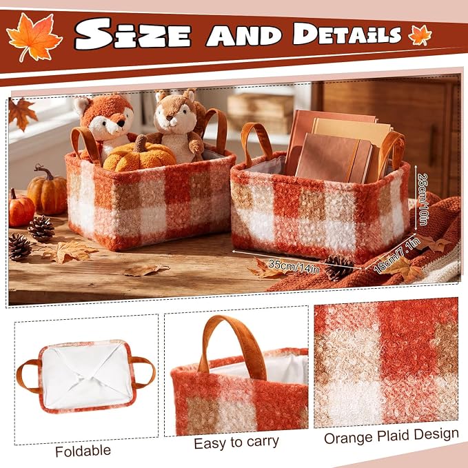 2 Pcs Orange Checkered Storage Basket 14x10'' Fall Gift Baskets | Back to School Gift, Plaid, Foldable, Fluffy Boucle, Laundry, Closet Organizer Bin with Handle, Autumn, Home Tabletop Car