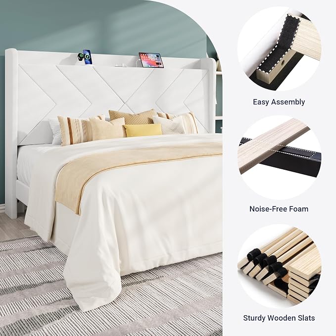 Allewie King Size Platform Bed Frame with Charging Station and Storage Shelf/Upholstered Velvet Wingback Headboard/Wooden Slats Support/No Box Spring Needed/Easy Assembly, White