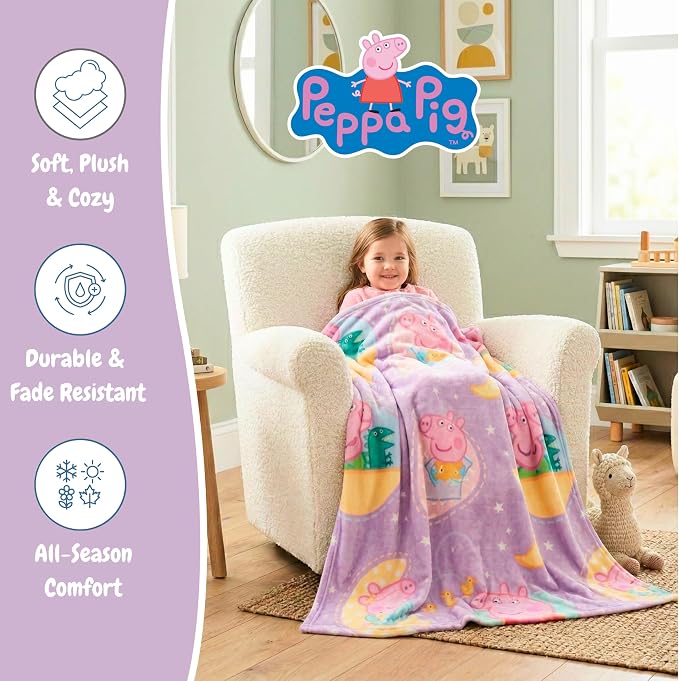 Peppa Pig & Baby Evie Kids Throw Blanket, 46 in x 60 in, Soft Cozy Decorative Blanket for Couch, Bed, or Gaming Room (Officially Licensed Product) by Franco