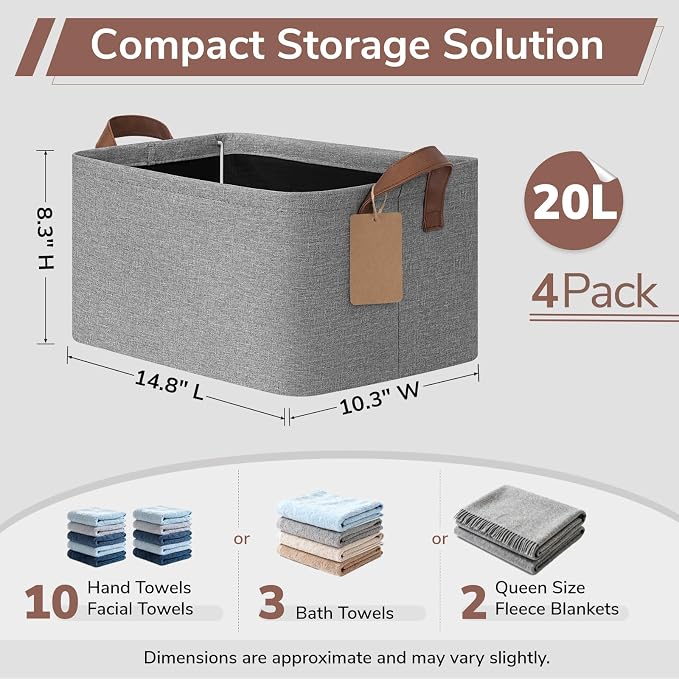 CHICVITA 4 Pack Foldable Fabric Storage Bins with Metal Frame, Gray | 14.8 × 10.3 × 8.3 in, Reinforced Handles, Closet & Shelf Organization, Toys, Blankets, Clothes & Linens Storage