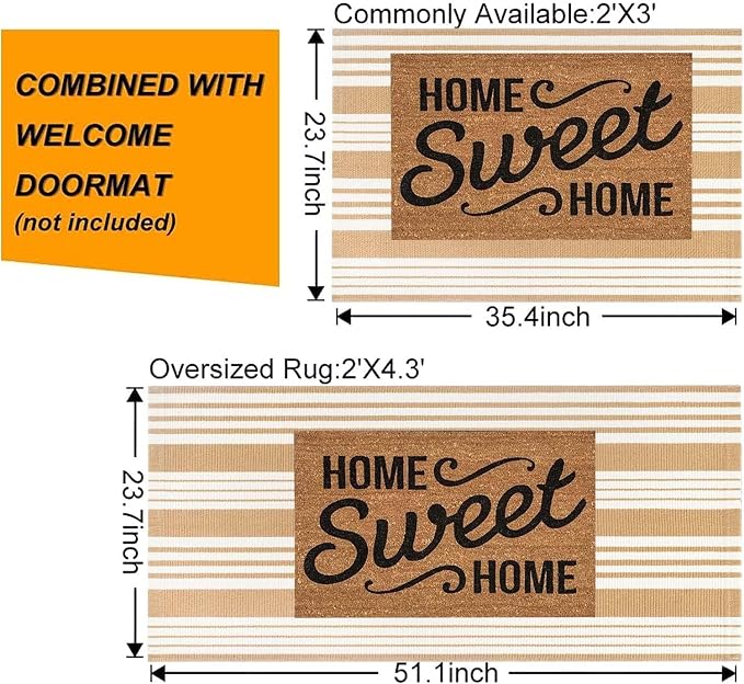 Khaki and White Striped Outdoor Rug 24'' x 35'' Door Mat Outdoor Machine Washable Welcome Mats Cotton Hand-Woven Entryway Rug for Front Porch/Entryway/Laundry/Bathroom/Bedroom