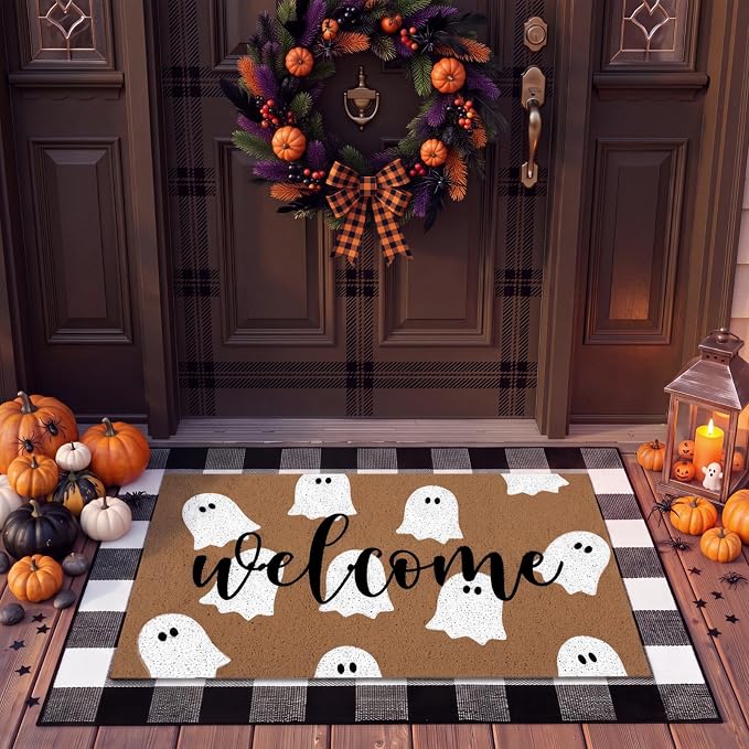 Tinideya 2 Pcs Halloween Layered Doormat Set, Ghost Welcome Mat with Black and White Buffalo Plaid Rug, Farmhouse Front Porch Rugs for Entryway Fall Decor