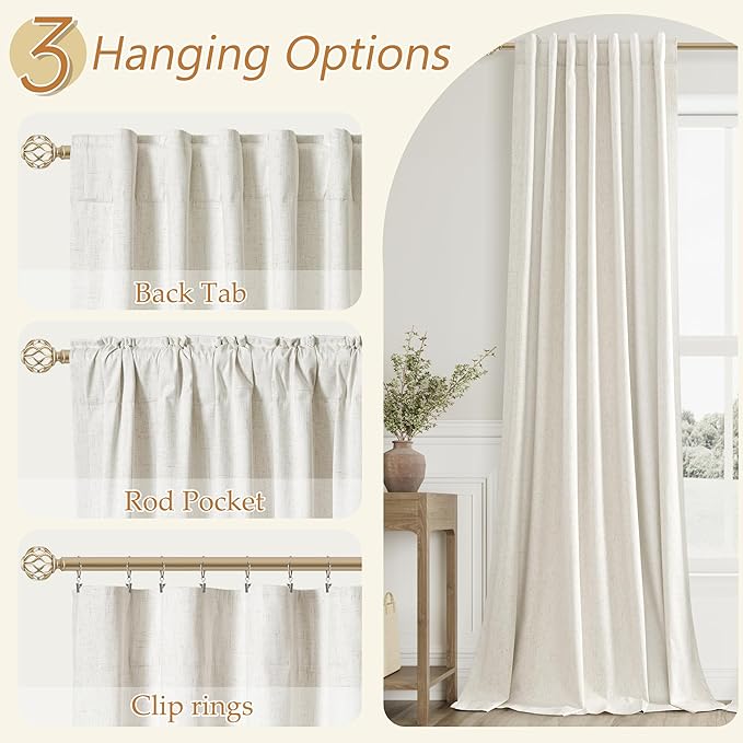 Cream 100% Blackout Linen Curtains 63 Inch Length 2 Panels Set for Living Room Bedroom Back Tab Thermal Insulated Black Out Drapes Room Darkening Farmhouse Style for Bedroom Window Curtains 52x63