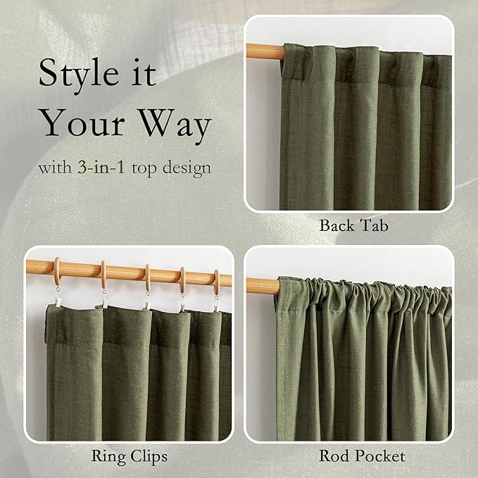 MYSKY HOME Short Semi Sheer Curtains for Bedroom 63 Inches Long Light Filtering Privacy Drapes for Small Window Linen Look Boho Home Decor Curtain for Parties, 50" x 63", Olive Green, 2 Pieces