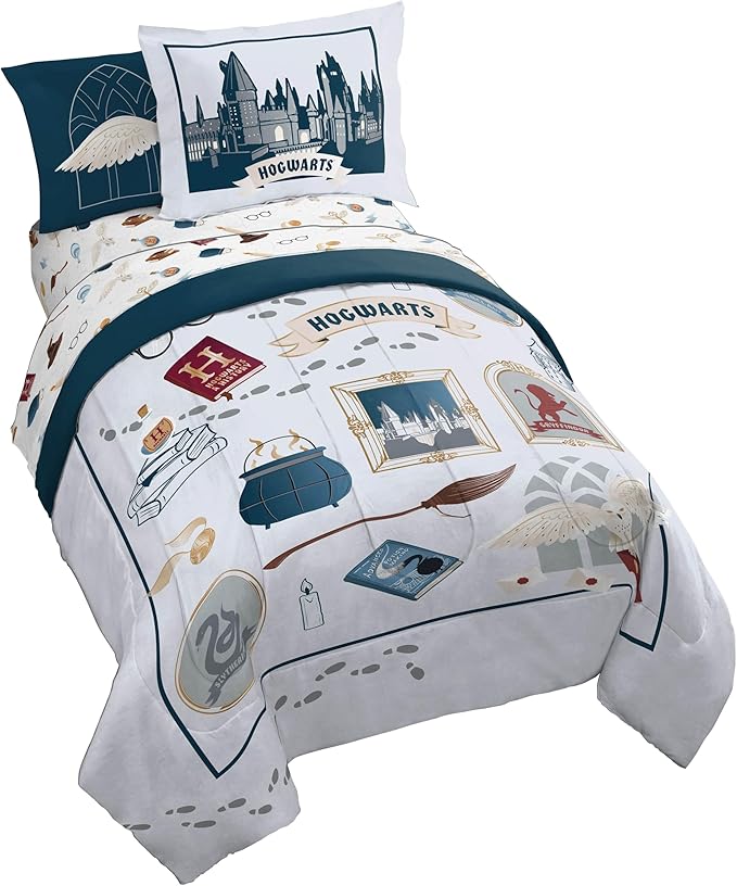 Harry Potter Twin Comforter Set 5 Piece Soft Hogwarts Bedding, Grey | Hedwig, Bed in a Bag, Comforter Sheets Sham Pillowcase, Official Product, Soft Microfiber, Machine Washable, Kids Gift
