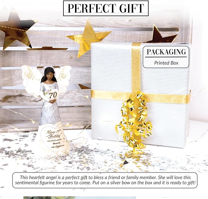 Pavilion Gift Company - Happy 70th Birthday - 6" Ebony African American Angel Figurine Religious Best Friend Bestie BFF God Jesus Lover Christian Christ Gift Present
