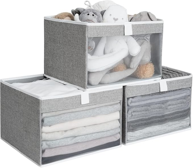 StorageWorks Closet Storage Bins, Large Storage Baskets with Clear Window and Handles, Foldable Fabric Organizer for Clothes, Shelves, Gray, 3 Pack
