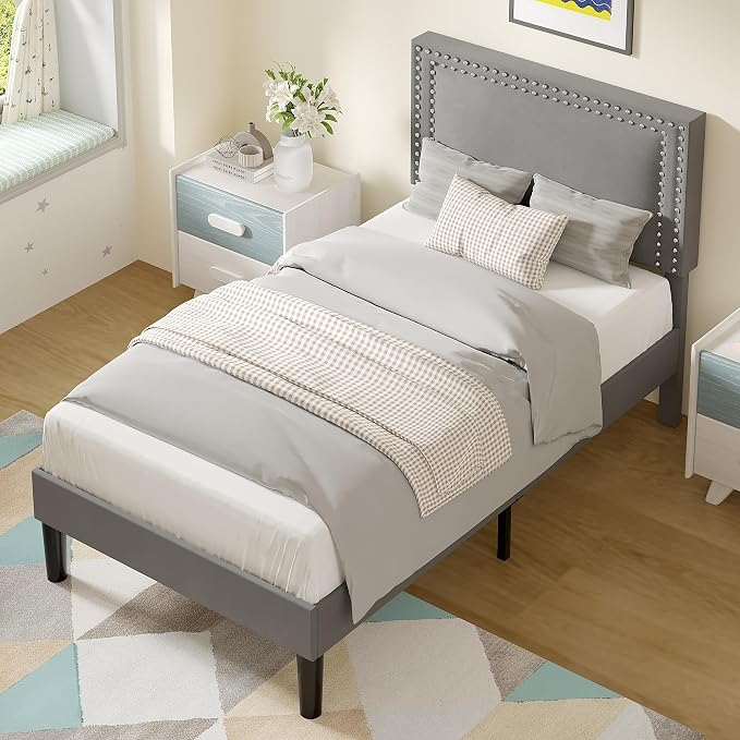 VECELO Twin Size Platform Bed Frame with Height Adjustable Upholstered Headboard, Modern Mattress Foundation,Strong Wood Slat Support, No Box Spring Needed, Easy Assembly, Dark Grey