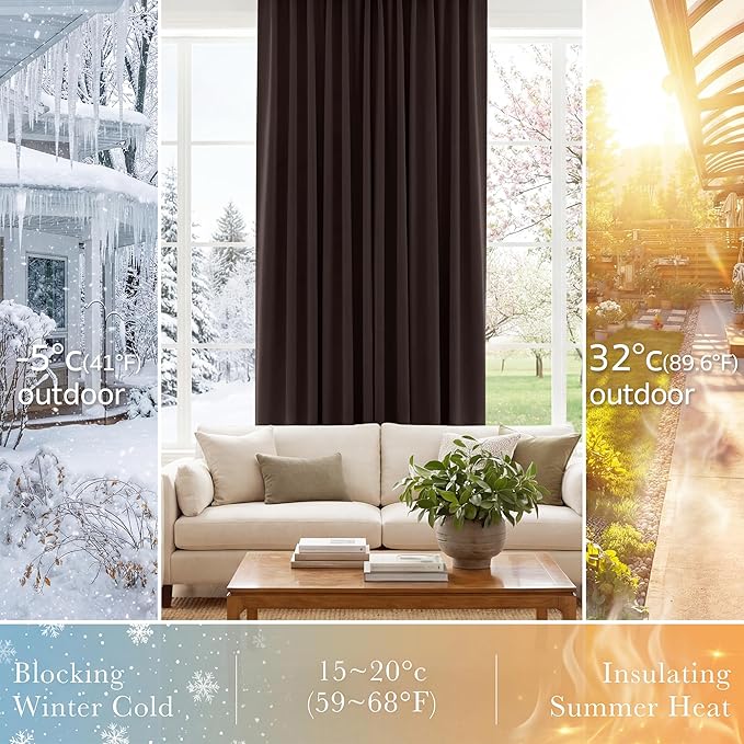 PONY DANCE Bedroom Window Drapes - Blackout Curtains Energy Efficient Thermal Insulated Back Tab/Rod Pocket Curtain Panels/Window Treatments, 42 W x 54 L, Brown, Double Pieces
