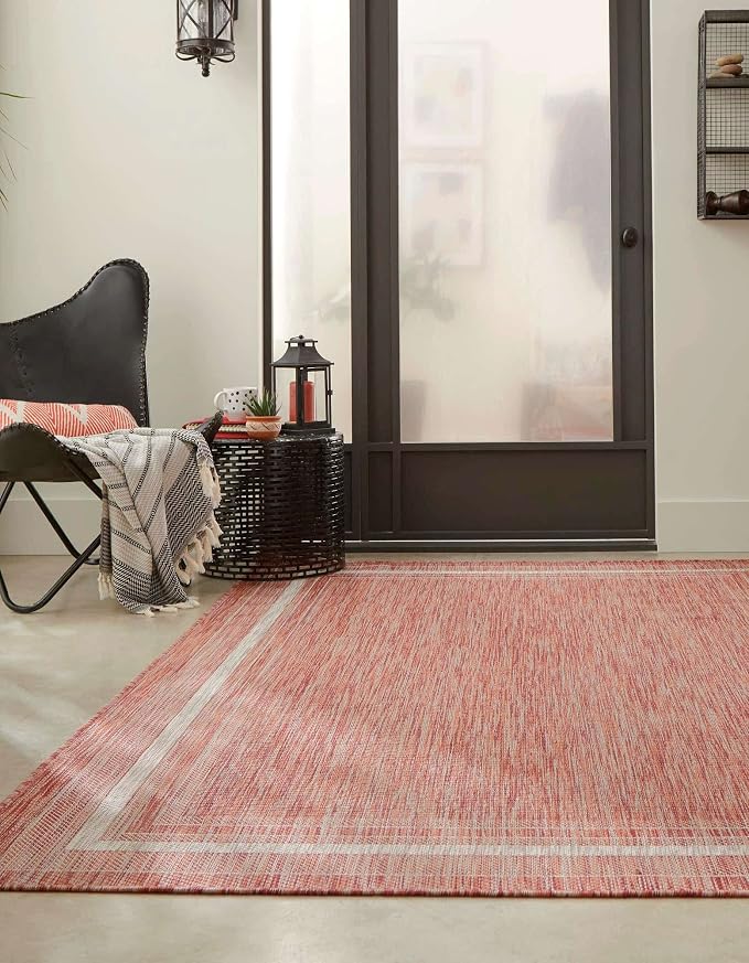 Unique Loom Outdoor Border Collection Area Rug - Soft Border (7' 10" x 10' Rectangle Rust Red/Ivory)