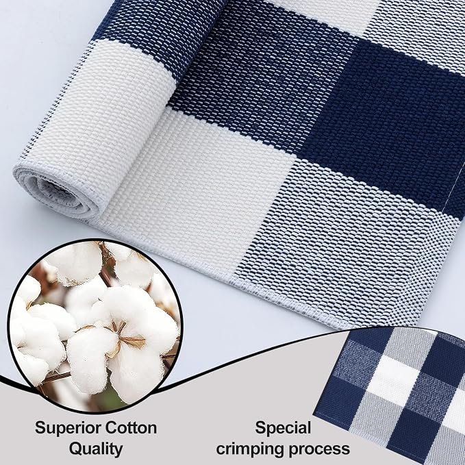 OLANLY Buffalo Plaid Rug 2' x 3' (24" x 36") – Navy and White Cotton Checkered Doormat, Washable Indoor Outdoor Rug for Layered Front Porch, Kitchen, Entryway Decor