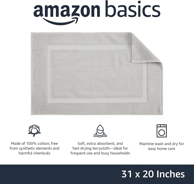 Amazon Basics Banded Bathroom Bath Rug Mat, 100% Cotton, 31 x 20 inches, Soft Silver (Pack of 2)