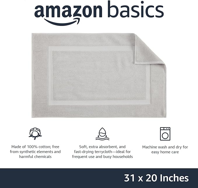 Amazon Basics Banded Bathroom Bath Rug Mat, 100% Cotton, 31 x 20 inches, Soft Silver
