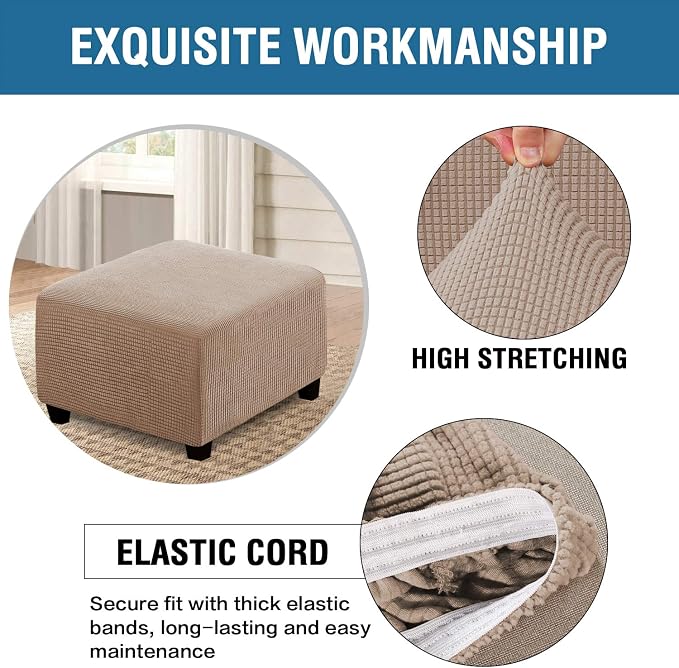 H.VERSAILTEX Square Ottoman Covers Ottoman Slipcovers Folding Storage Stool Furniture Protector Form Fit with Elastic Bottom, Stretch High Spandex Small Checks Jacquard Fabric(Large,Sand)