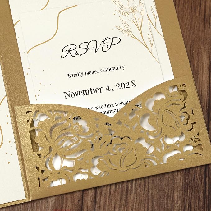 DORIS HOME Laser Cut Wedding Invitation Pockets, Gold, 5"x7" | 50pcs, With Envelopes, For Wedding & Anniversary, No Inserts Included