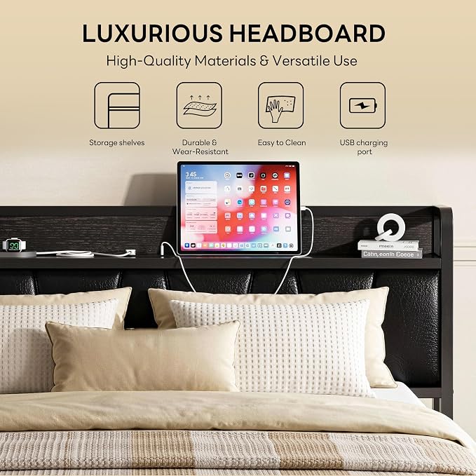 LIKIMIO Full Size Bed Frame, PU Leather Storage Headboard with Charging Station, Solid and Stable, Noise Free, No Box Spring Needed, Easy Assembly, Black