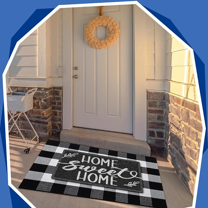Geelin 2 Pcs 30'' x 18'' Doormat 43'' x 27.5'' Black and White Layered Rug for Front Door Mat Outside Entrance Welcome Door Mats for Indoor Outdoor Entryway Porch Decor(Home Sweet Home)