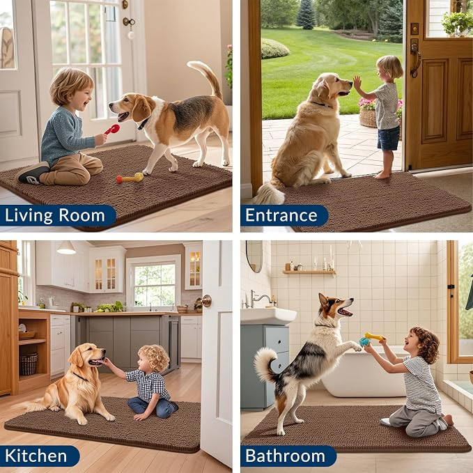 Smiry Dog Door Mat for Muddy Paws 48x30, Absorbent Dirt Trapper, Non-Slip Washable Chenille Entryway Rug for Inside Floor, Mocha, Classic Solid