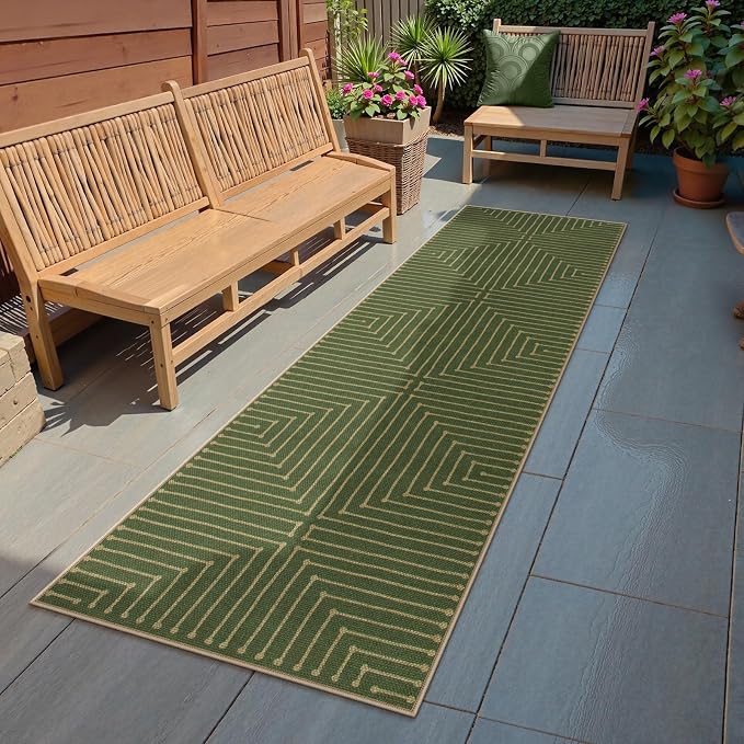 Lahome Green Runner Rug, 2x8 Washable Runner Rug for Kitchen Hallway | Farmhouse Rhombus Low Pile Non Shedding Indoor Outdoor Carpet for Entryway Laundry Room