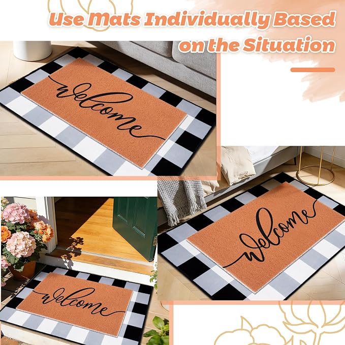 2pcs Layered Doormat Set, Welcome Door Mat for Outdoor Front Door, 16x24 PVC Coil & 24x32 Crystal Velvet Non-Slip Layering Entry Mats for Farmhouse Porch Decoration（Welcome, Striped