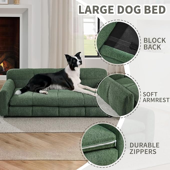 Dog Couch Bed with Backrest and Armrest, Durable Pet Sofa with Soft Foam Cushion, Elevated Dog Couch Bed with Legs for Medium and Large Dogs, Emerald Green