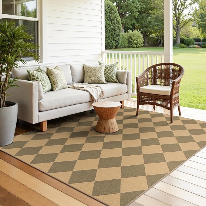 Lessymo Checkered Area Rugs 5x7 for Living Room, Washable Easy Jute Rug | Carpet for Outdoor Patio Backyard Dining Room Bedroom, Non Slip Farmhouse Indoor Mat, Stain Resistant, Diamond Brown/Beige