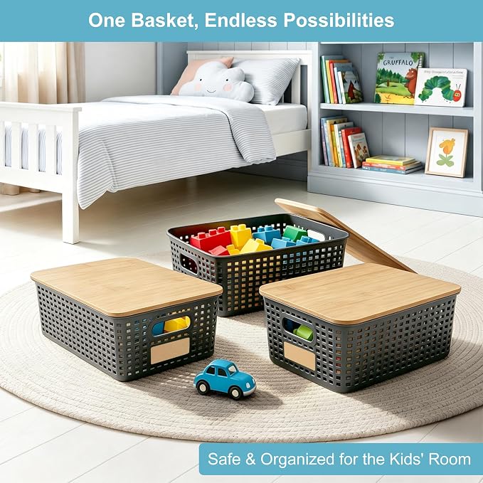 Bagnizer Small Plastic Storage Bins with Bamboo Lids 5.2qt Stackable Box Basket Pantry Decorative Containers Cute with Lable for Organizing Desktop Closet Office Gray of 6 packs 10 * 7.2 * 4.1"