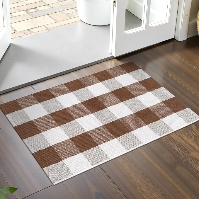 Collive Buffalo Plaid Checkered Outdoor Rug, Fall Autumn Decor Door Mat, 2x3 Coffee and White Doormat Washable Front Porch Rugs, Layered Welcome Front Door Mat Outside Entrance Kitchen Bathroom