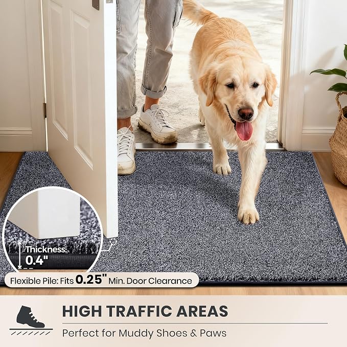 PURRUGS Easy Care Area Rug 4ft x 6ft, Non-Slip Machine Washable Door Mat, Stain Resistant Accent Rug for Entry, Hallway, Bedroom, Living Room and Mudroom, Bluish Grey-Black
