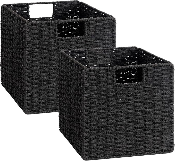 StorageWorks 11 inch Cube Storage Bins,Foldable Wicker Baskets,Black | 2-Pack,Handwoven Storage Cubes with Handles,Paper Rope Baskets for Organizing,Cube Organizer Bins,11x11 Cube Storage Bins