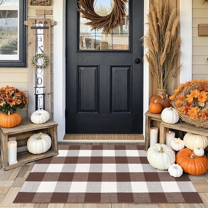 KIMODE Fall Decor Front Door Mat Buffalo Plaid Outdoor Rug 27.5"x43" Brown and White Checkered Rug Farmhouse Fall Thanksgiving Front Porch Rug Washable Cotton Layered Doormats Autumn Mats
