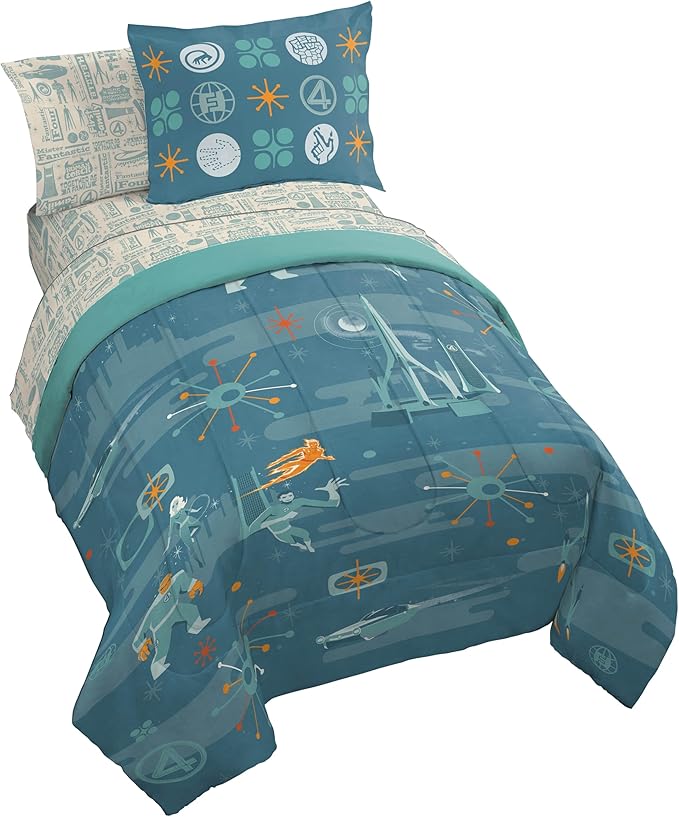 Marvel Fantastic Four Twin Comforter Set 5 Piece Superhero Bedding, Blue | Bed in a Bag, Comforter Sheets Sham Pillowcase, Official Product, Soft Microfiber, Machine Washable, Easy Care, Kids Gift