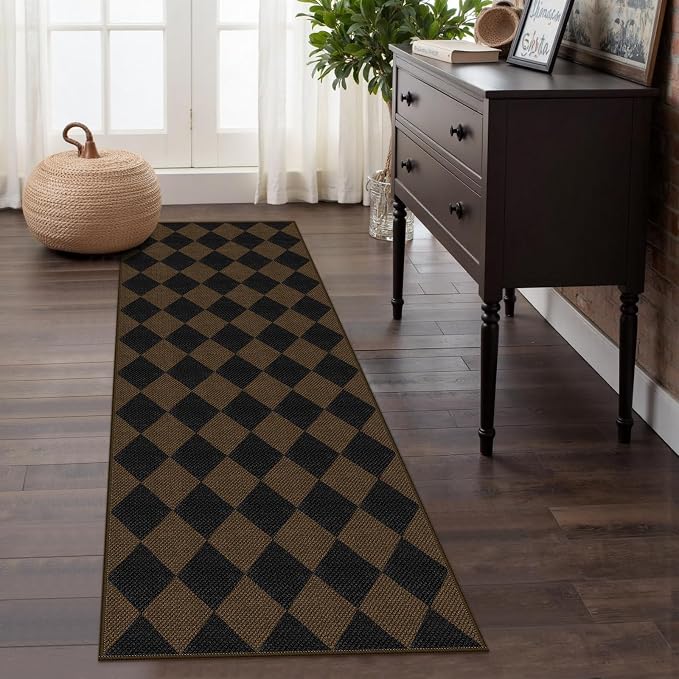 Rugalia Easy Jute Checkered Runner Rug, 2x6 Coffee Modern Washable Rugs Runner for Hallway Non-Slip Kitchen Runner Rug, Geometric Diamond Indoor Outdoor Carpet for Porch Laundry Entryway